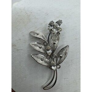 Vtg Sterling Silver Filigree Flower Brooch Pin Crystal Marquis Stones Signed CC